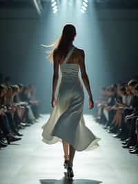 back view of woman walking on a fashion runway in an industrial space, captured mid-twirl, showcasing a futuristic outfit with sharp lines