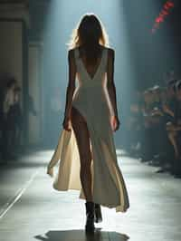 back view of woman walking on a fashion runway in an industrial space, captured mid-twirl, showcasing a futuristic outfit with sharp lines