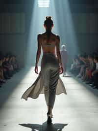 back view of woman walking on a fashion runway in an industrial space, captured mid-twirl, showcasing a futuristic outfit with sharp lines