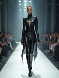 front view of woman walking on a fashion runway in an industrial space, showcasing a futuristic outfit with sharp lines