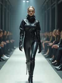 front view of woman walking on a fashion runway in an industrial space, showcasing a futuristic outfit with sharp lines