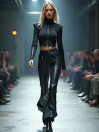 front view of woman walking on a fashion runway in an industrial space, showcasing a futuristic outfit with sharp lines