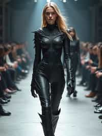 front view of woman walking on a fashion runway in an industrial space, showcasing a futuristic outfit with sharp lines