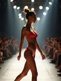 side view of woman striding confidently down a fashion runway in bikini, surrounded by flashing camera lights.