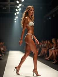 side view of woman striding confidently down a fashion runway in bikini, surrounded by flashing camera lights.