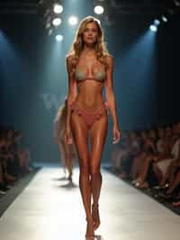 side view of woman striding confidently down a fashion runway in bikini, surrounded by flashing camera lights.