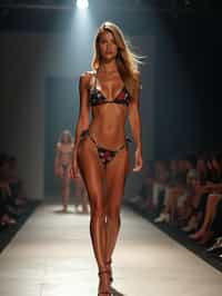 side view of woman striding confidently down a fashion runway in bikini, surrounded by flashing camera lights.