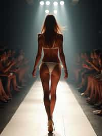 back view of woman striding confidently down a fashion runway in bikini, captured mid-twirl, surrounded by flashing camera lights.