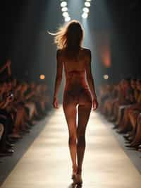 back view of woman striding confidently down a fashion runway in bikini, captured mid-twirl, surrounded by flashing camera lights.