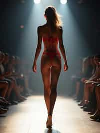 back view of woman striding confidently down a fashion runway in bikini, captured mid-twirl, surrounded by flashing camera lights.