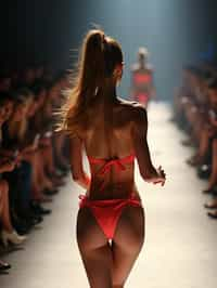 back view of woman striding confidently down a fashion runway in bikini, captured mid-twirl, surrounded by flashing camera lights.