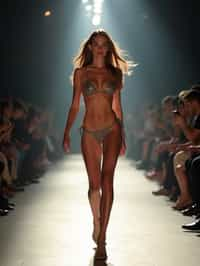 front view of woman striding confidently down a fashion runway in bikini, surrounded by flashing camera lights.