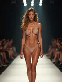 front view of woman striding confidently down a fashion runway in bikini, surrounded by flashing camera lights.