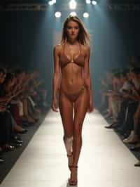 front view of woman striding confidently down a fashion runway in bikini, surrounded by flashing camera lights.