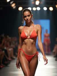 front view of woman striding confidently down a fashion runway in bikini, surrounded by flashing camera lights.