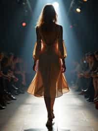 back view of woman striding confidently down a fashion runway, surrounded by flashing camera lights.