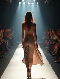 back view of woman striding confidently down a fashion runway, surrounded by flashing camera lights.