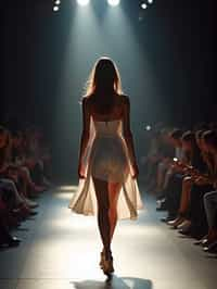 back view of woman striding confidently down a fashion runway, surrounded by flashing camera lights.