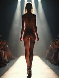 back view of woman striding confidently down a fashion runway, surrounded by flashing camera lights.