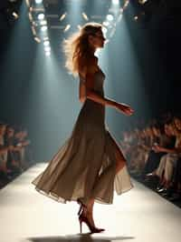 side view of woman striding confidently down a fashion runway, captured mid-twirl, surrounded by flashing camera lights.