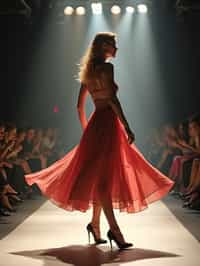 side view of woman striding confidently down a fashion runway, captured mid-twirl, surrounded by flashing camera lights.