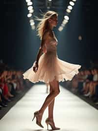 side view of woman striding confidently down a fashion runway, captured mid-twirl, surrounded by flashing camera lights.