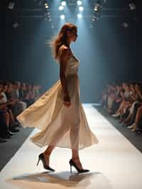 side view of woman striding confidently down a fashion runway, captured mid-twirl, surrounded by flashing camera lights.