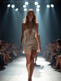 front view of woman striding confidently down a fashion runway, surrounded by flashing camera lights.