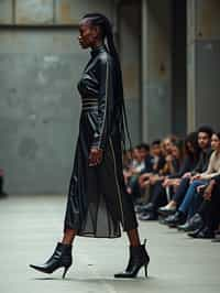 side view of woman walking on a fashion runway in an industrial space, showcasing a futuristic outfit with sharp lines