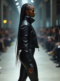 side view of woman walking on a fashion runway in an industrial space, showcasing a futuristic outfit with sharp lines