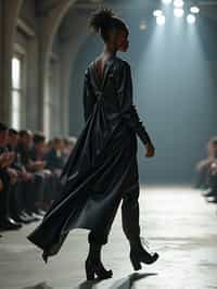 side view of woman walking on a fashion runway in an industrial space, showcasing a futuristic outfit with sharp lines