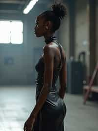 side view of woman walking on a fashion runway in an industrial space, showcasing a futuristic outfit with sharp lines