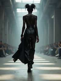 back view of woman walking on a fashion runway in an industrial space, captured mid-twirl, showcasing a futuristic outfit with sharp lines