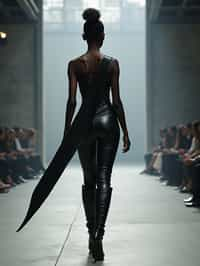 back view of woman walking on a fashion runway in an industrial space, captured mid-twirl, showcasing a futuristic outfit with sharp lines