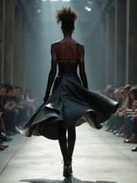 back view of woman walking on a fashion runway in an industrial space, captured mid-twirl, showcasing a futuristic outfit with sharp lines