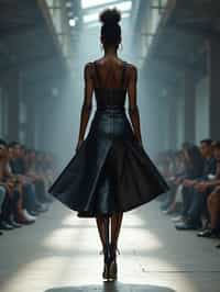 back view of woman walking on a fashion runway in an industrial space, captured mid-twirl, showcasing a futuristic outfit with sharp lines