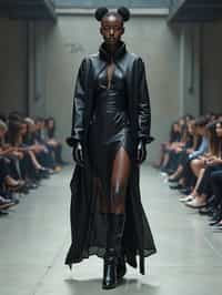 front view of woman walking on a fashion runway in an industrial space, showcasing a futuristic outfit with sharp lines