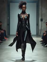 front view of woman walking on a fashion runway in an industrial space, showcasing a futuristic outfit with sharp lines