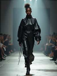 front view of woman walking on a fashion runway in an industrial space, showcasing a futuristic outfit with sharp lines