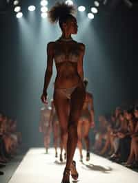 side view of woman striding confidently down a fashion runway in bikini, surrounded by flashing camera lights.