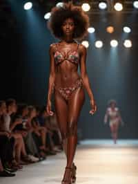 side view of woman striding confidently down a fashion runway in bikini, surrounded by flashing camera lights.