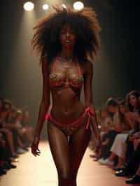 side view of woman striding confidently down a fashion runway in bikini, surrounded by flashing camera lights.