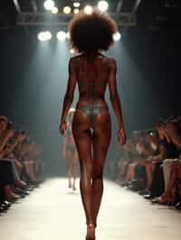 back view of woman striding confidently down a fashion runway in bikini, captured mid-twirl, surrounded by flashing camera lights.