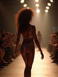 back view of woman striding confidently down a fashion runway in bikini, captured mid-twirl, surrounded by flashing camera lights.