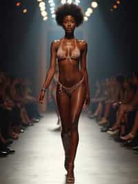 front view of woman striding confidently down a fashion runway in bikini, surrounded by flashing camera lights.