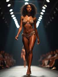 front view of woman striding confidently down a fashion runway in bikini, surrounded by flashing camera lights.