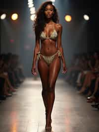 front view of woman striding confidently down a fashion runway in bikini, surrounded by flashing camera lights.