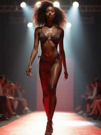 front view of woman striding confidently down a fashion runway in bikini, surrounded by flashing camera lights.