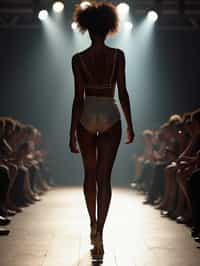 back view of woman striding confidently down a fashion runway, surrounded by flashing camera lights.