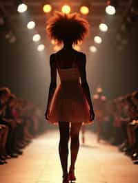 back view of woman striding confidently down a fashion runway, surrounded by flashing camera lights.